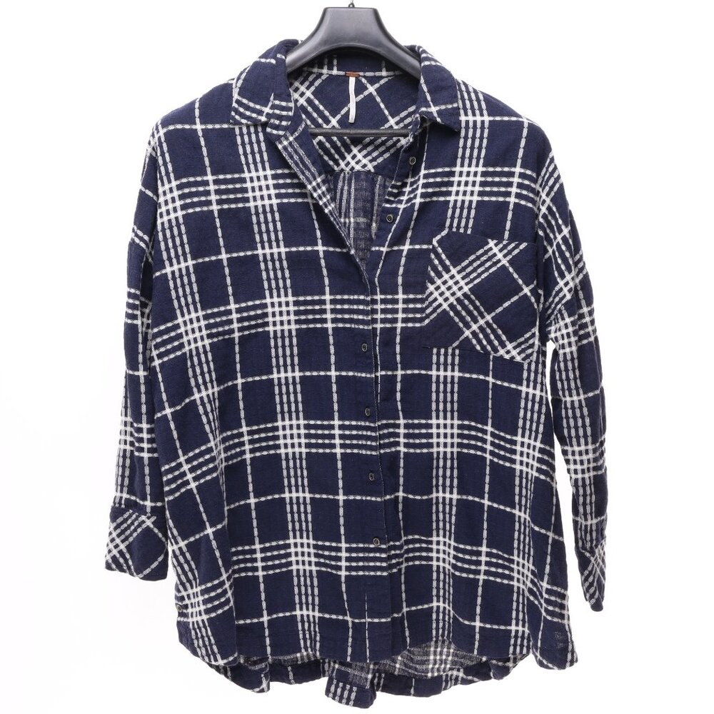 Free People Oversized Long Sleeve Button Down Shirt Blouse Women's M Blue/White